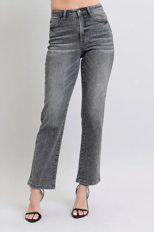 Judy Blue Full Size High Waist Rhinestone Straight Jeans Plus Size - SwagglyLife Home & Fashion